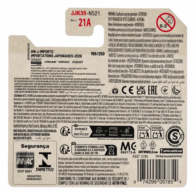 Back of an International-format Hot Wheels card, showing safety warnings and product information repeated across many languages, plus multiple country certification marks.