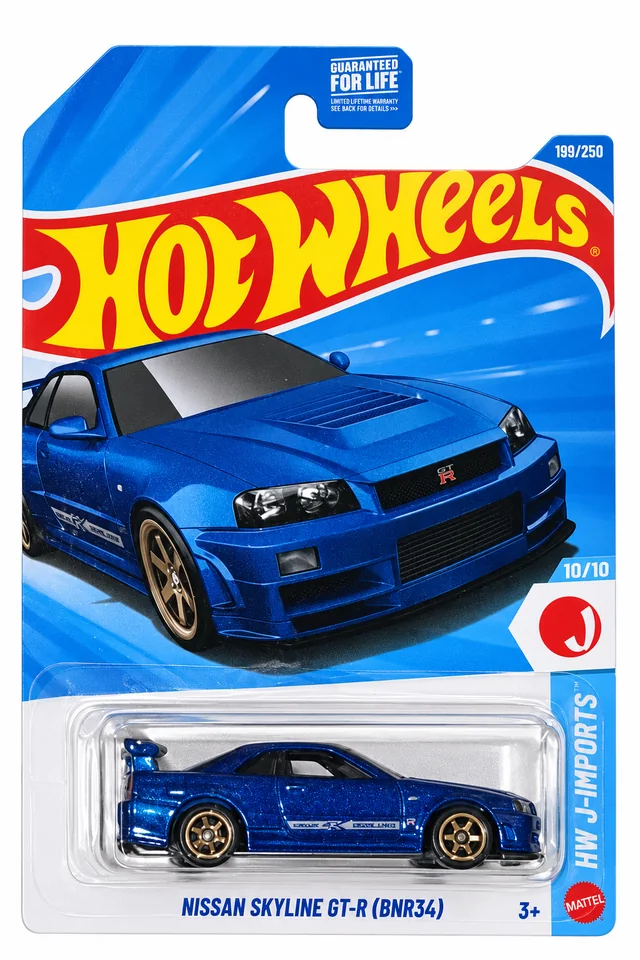 Front of a Hot Wheels single-car blister card, HW J-Imports series, showing a blue Nissan Skyline GT-R (BNR34).